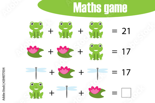 Maths game with pictures of pond life for children, middle level, education game for kids, preschool worksheet activity, task for the development of logical thinking, vector illustration