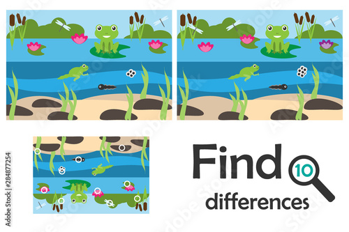 Find 10 differences, game for children, pond with frog cartoon, education game for kids, preschool worksheet activity, task for the development of logical thinking, vector illustration