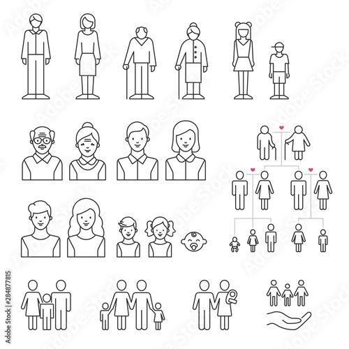 Family icons set. Family generations: grandfather, grandmother, father, mother, kids. People of different ages outline style