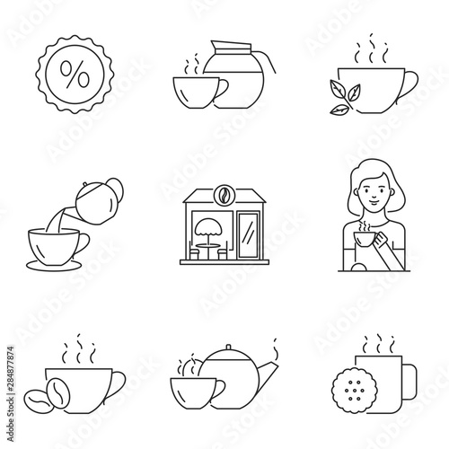Teahouse, tea shop, cafe outline vector set
