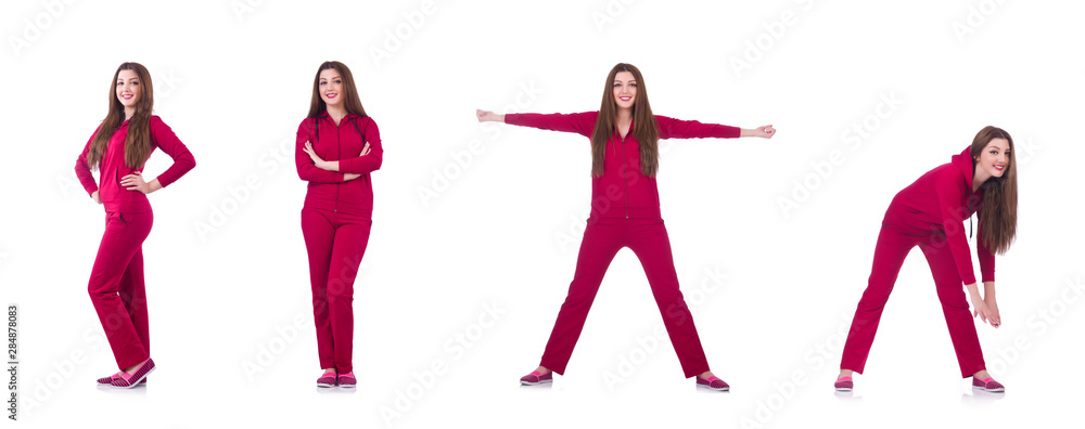 Young woman doing exercises on white