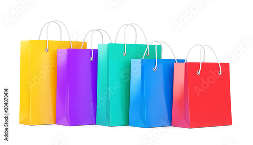 Five shopping bags on isolated white background