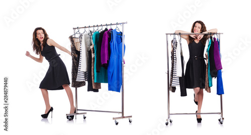 Woman trying new clothing on white