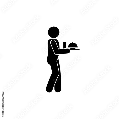 man carries a tray of food in his hands, pictogram human silhouette, stick figure isolated icon