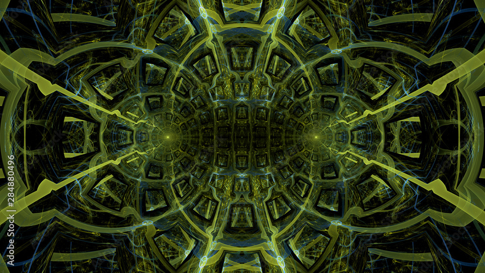 Abstract fractal background made out of intricate pattern of interconnected rings, arches and geometric patterns in glowing greenyellow, blue Abstract fractal background made out of intricate pattern of interconnected rings, arches and geometric patterns in glowing greenyellow, blue