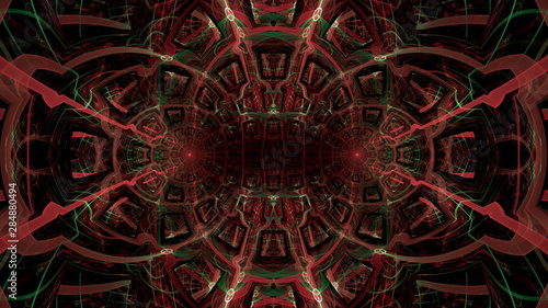 Abstract fractal background made out of intricate pattern of interconnected rings, arches and geometric patterns in glowing red and green