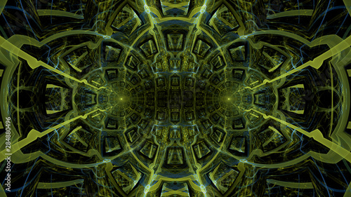 Abstract fractal background made out of intricate pattern of interconnected rings, arches and geometric patterns in glowing greenyellow, blue