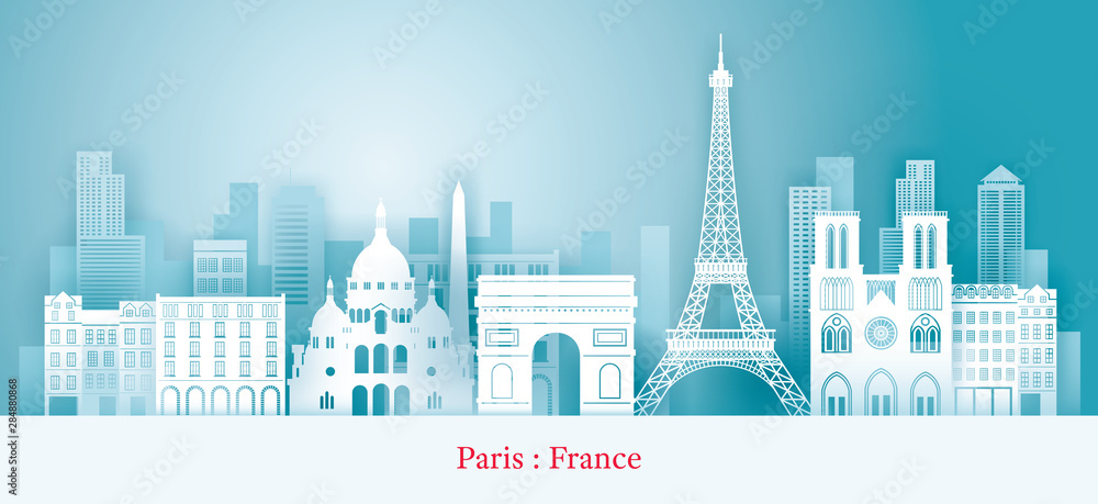Paris, France Landmarks Skyline, Paper Cutting Style