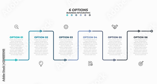 Vector thin line infographic template. Timeline process with 6 options and marketing icons. Vector illustration