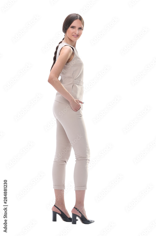 rear view. modern young woman looking at blank screen rear view. modern young woman looking at blank screen