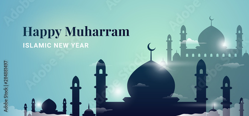 Happy Muharram Islamic New Hijri year background design. Great mosque above the cloud with holy light effect. Muslim community festival backdrop banner template.