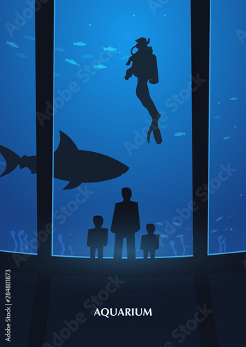 Big Aquarium, Oceanarium or Dolphinarium. People watching the underwater world.