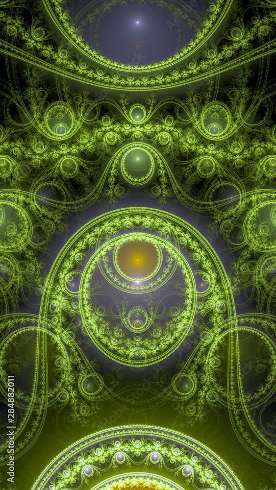 Abstract fractal background made out of interconnected balanced rings, beams and stars with an intricate decorative pattern in shining green,yellow Abstract fractal background made out of interconnected balanced rings, beams and stars with an intricate decorative pattern in shining green,yellow