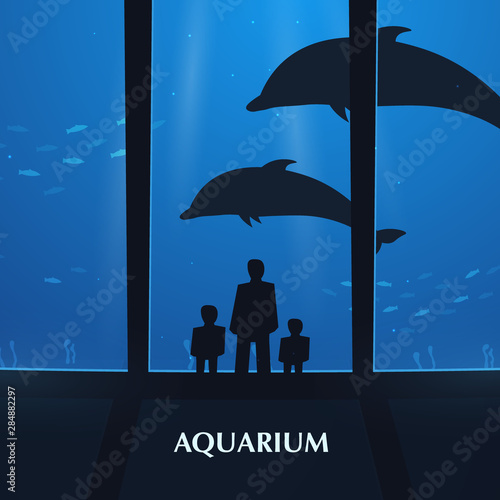 Big Aquarium, Oceanarium or Dolphinarium. People watching the underwater world.