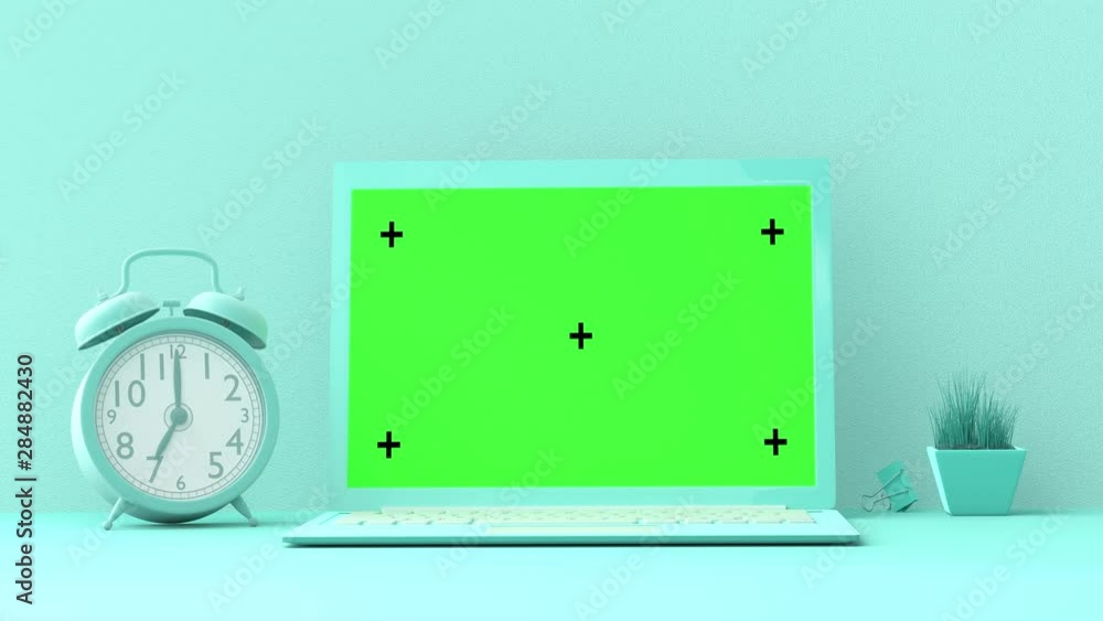 Blue Times Up Computer Blue clock work desk and Laptop mock up with green screen, Minimal and ...