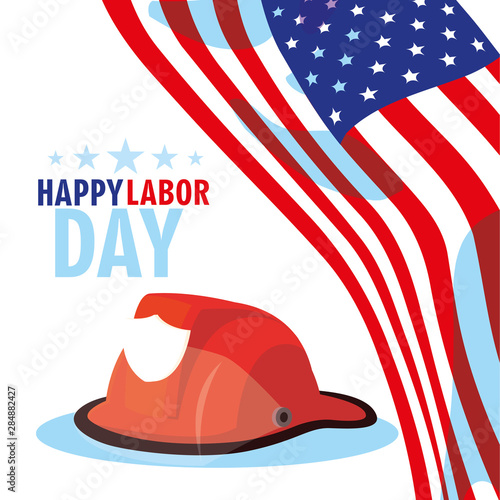 labor day card with helmet firefighter and flag usa