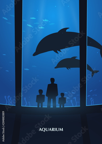 Big Aquarium, Oceanarium or Dolphinarium. People watching the underwater world.