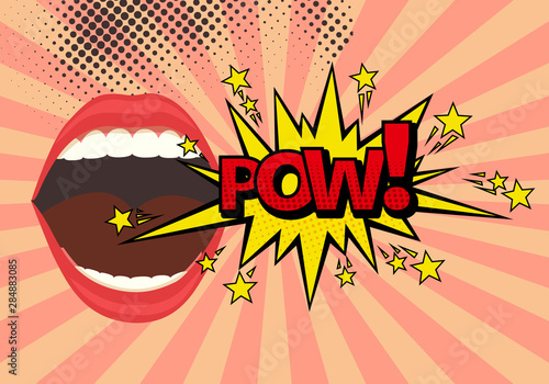 Speech Bubble with Woman lips in Pop-Art Style. Pow sound text.