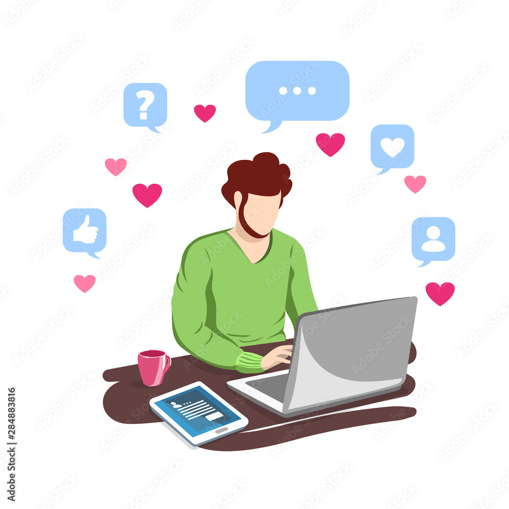Female blogger with laptop sitting at desk. Social media marketing. Vector illustration. Female blogger with laptop sitting at desk. Social media marketing. Vector illustration.