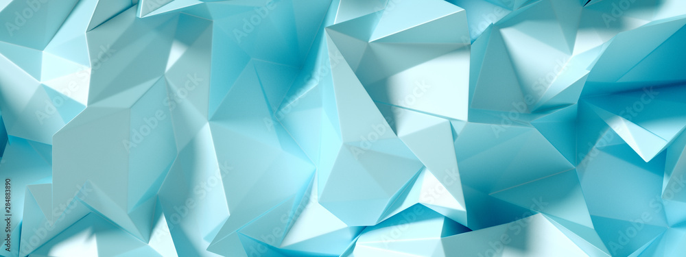 Blue, turquoise background with crystals, triangles. 3d illustration, 3d rendering.