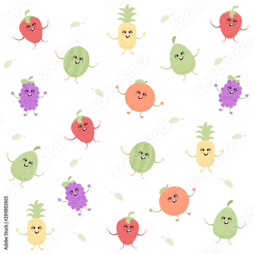 Ilustração vetorial de uma estampa fofa de frutas. Personagens sorridentes e divertidos em vetor!