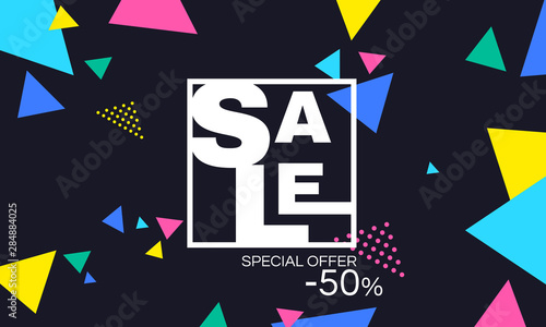 sale creative abstract banner flyer with colorful triangles on black background