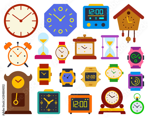 Watch alarm clock timer flat color vector set