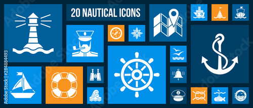 Nautical Marine white silhouette icons vector set