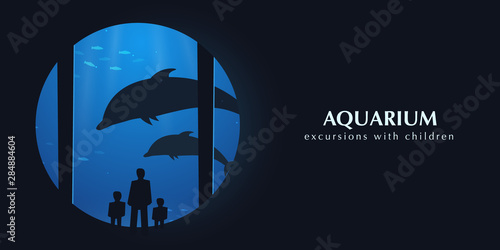 Big Aquarium, Oceanarium or Dolphinarium. People watching the underwater world.