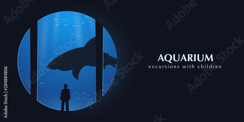 Big Aquarium, Oceanarium or Dolphinarium. People watching the underwater world.
