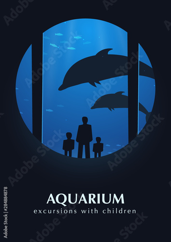 Big Aquarium, Oceanarium or Dolphinarium. People watching the underwater world.