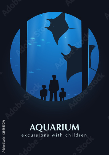 Big Aquarium, Oceanarium or Dolphinarium. People watching the underwater world.