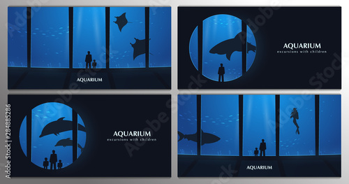 Big Aquarium, Oceanarium or Dolphinarium. People watching the underwater world.