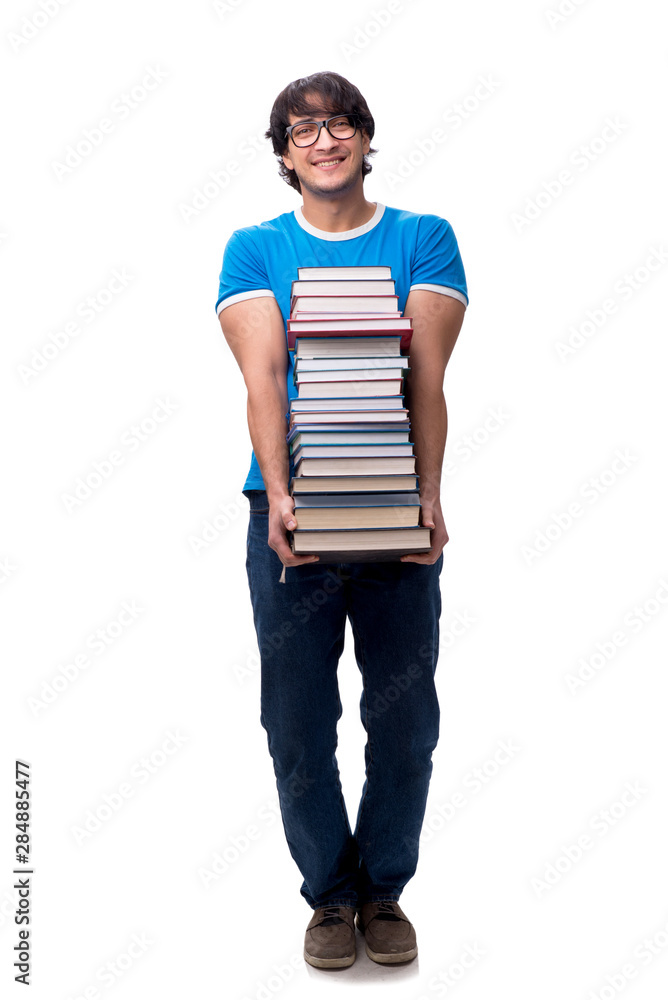 Male student with many books isolated on white Male student with many books isolated on white