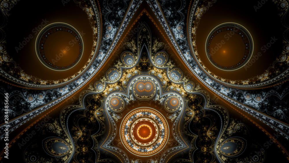 Abstract fractal background made out of interconnected balanced rings, beams and stars with an intricate decorative pattern in shining red,blue,orange