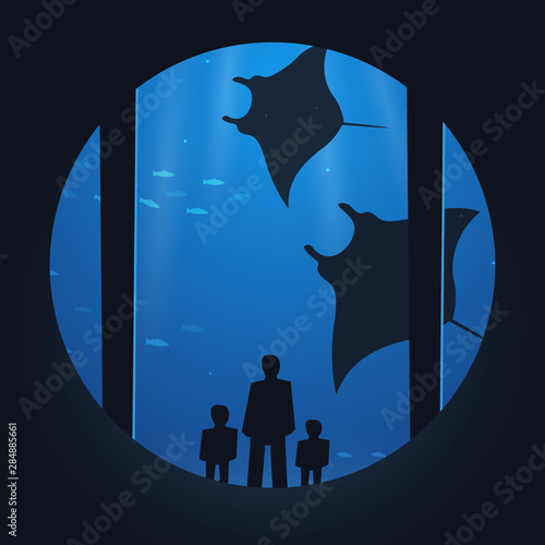 Big Aquarium, Oceanarium or Dolphinarium. People watching the underwater world.