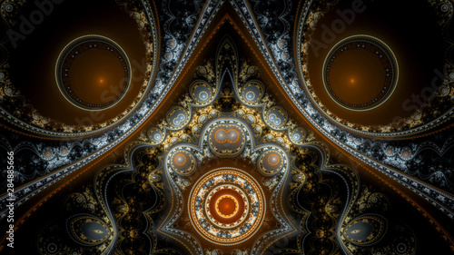 Abstract fractal background made out of interconnected balanced rings, beams and stars with an intricate decorative pattern in shining red,blue,orange