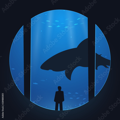 Big Aquarium, Oceanarium or Dolphinarium. People watching the underwater world.