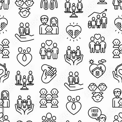 Child adoption seamless pattern with thin line icons: adoptive parents, helping hand, orphan, home care, LGBT couple with child, custody, cargivers, happy kid. Modern vector illustration.