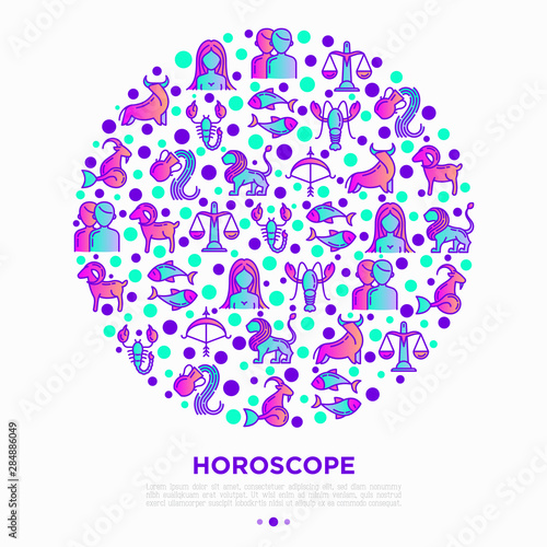 Horoscope concept in circle with thin line icons of zodiac signs: capricorn, aquarius, aries, pisces, virgo, libra, scorpio, sagittarius, taurus, gemini, leo. Modern vector illustration.