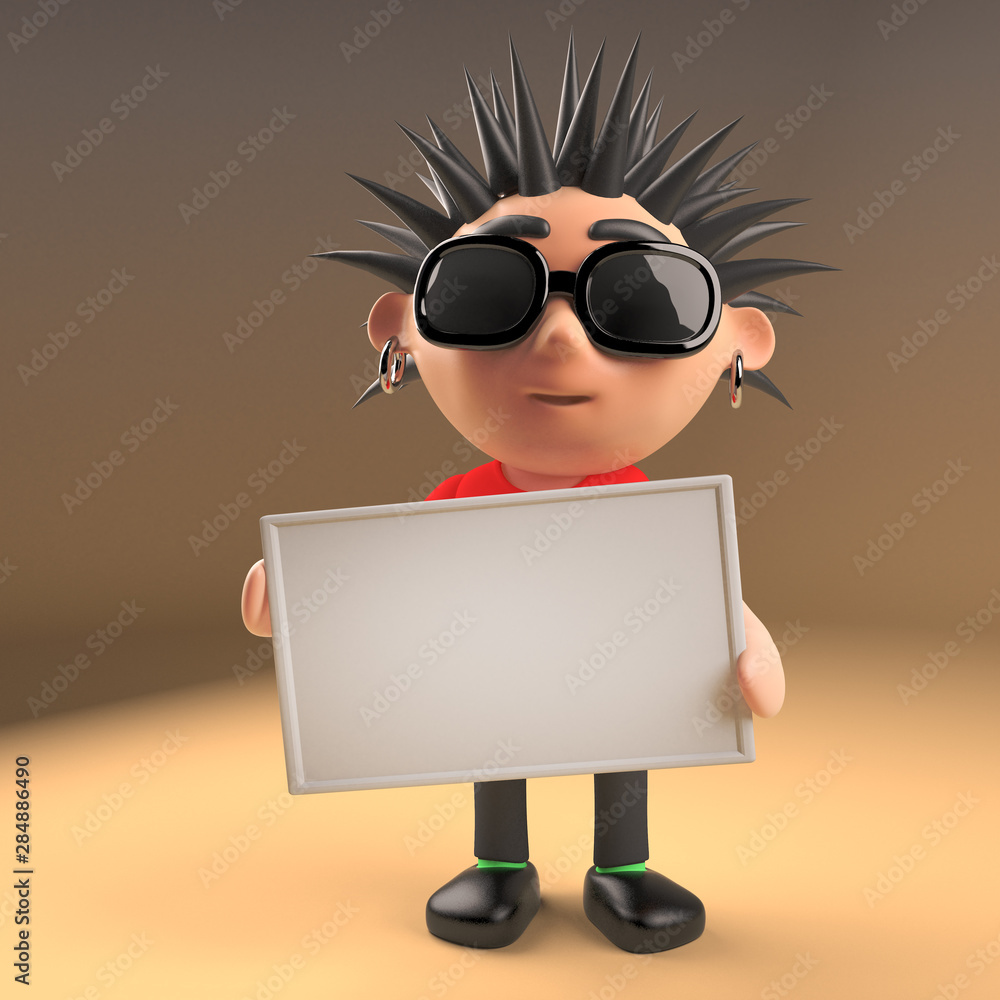 3d punk rock cartoon character with spikey hair holding a blank placard, 3d illustration 3d punk rock cartoon character with spikey hair holding a blank placard, 3d illustration