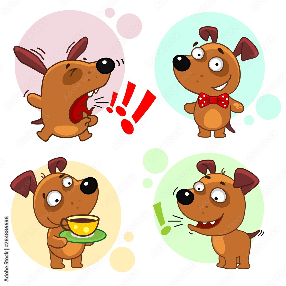 Set of icons with dogs. Dogs scream and talk, in a bow tie and with a cup in their paws. Set of icons with dogs. Dogs scream and talk, in a bow tie and with a cup in their paws.