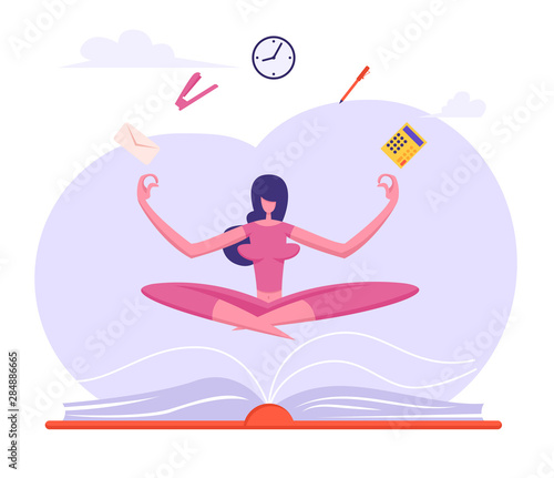 Businesswoman Doing Yoga Meditation in Lotus Posture with Office Supplies Soaring over Huge Book to Calm Down Stressful Emotion From Hard Work, Worker Relaxation. Cartoon Flat Vector Illustration