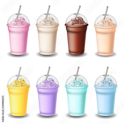 milk shake set of vector vanilla, chocolate, strawberries, banana, blueberries, kiwi on white background