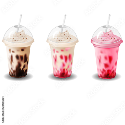 Milk shake vanilla, chocolate, strawberries, on white background