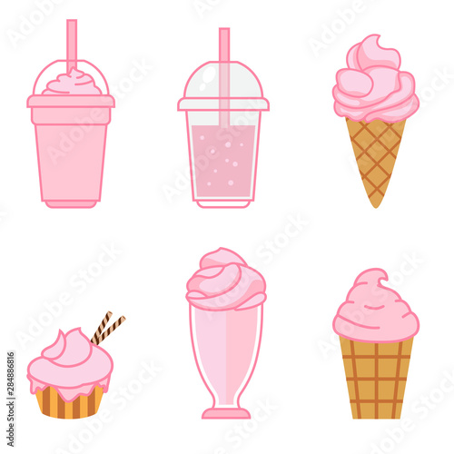 set flat Strawberry desserts and drinks. Milkshakes, ice cream