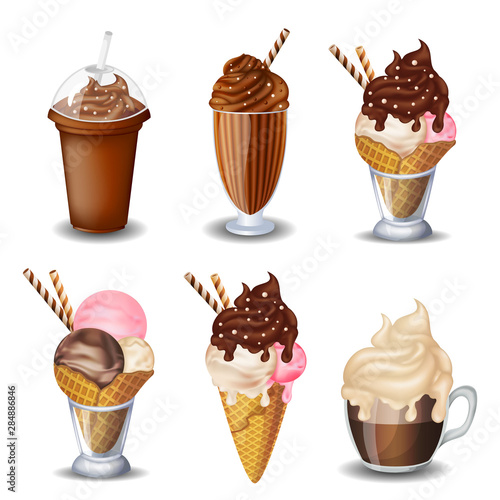 Set of  ice cream, hot chocolate, milk shake. On white background