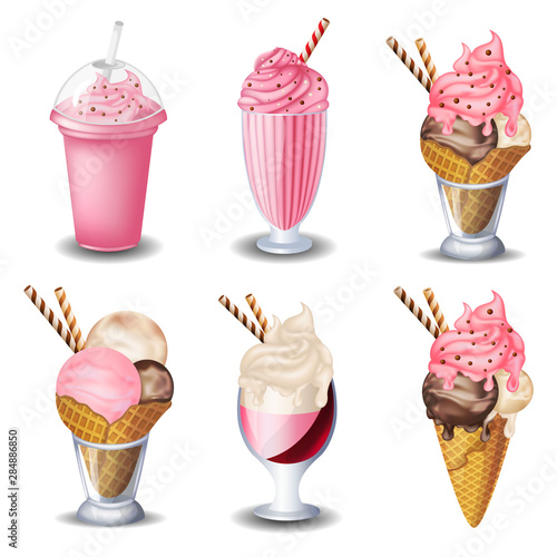 set of Strawberry desserts and drinks. Milkshakes, ice cream. on white background.