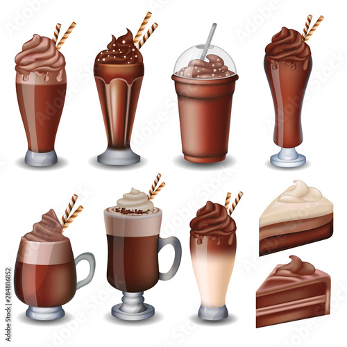 set of chocolate desserts and drinks. cheesecake, milkshakes, ice cream and hot chocolate. on white background.