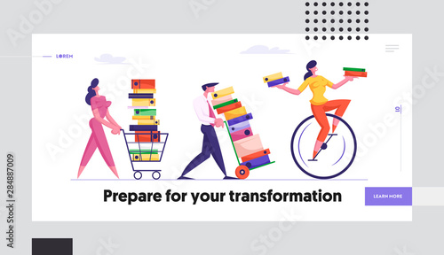 Employees Loaded with Hard Work in Office Website Landing Page. Business People Carry Piles of Documents Following Woman Riding Monowheel, Deadline Web Page Banner. Cartoon Flat Vector Illustration,